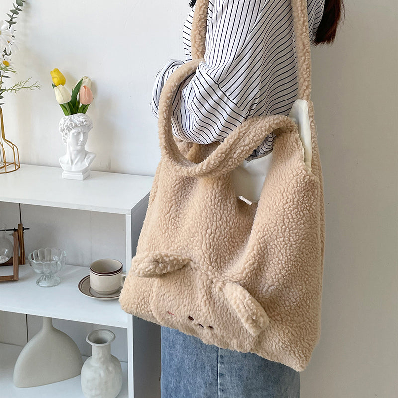 Personalized Bag For Women 3D Cartoon Bear Lamb Wool Shoulder Bag Winter High Capacity Daily Shopping Bags Girls College Style Handbags - Fashioinista