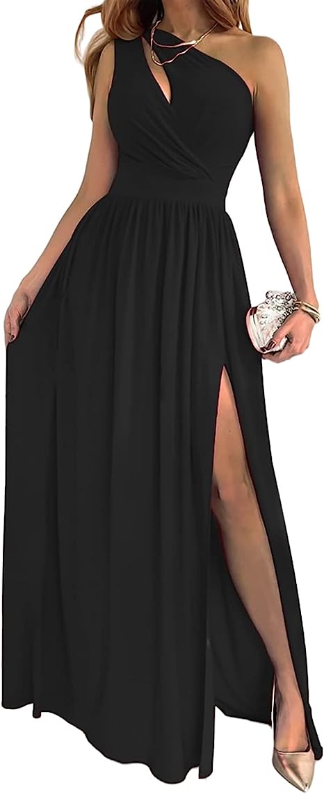 Women's One Shoulder High Split Cutout Sleeveless Elegant Sexy Cocktail Maxi Dress - Fashioinista