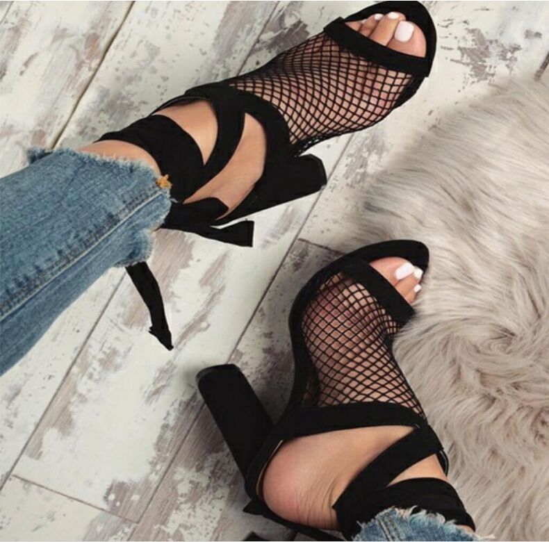 Women Sandals Bandage Flock Cross Strap Lace Up High Heels Sandal - Fashioinista