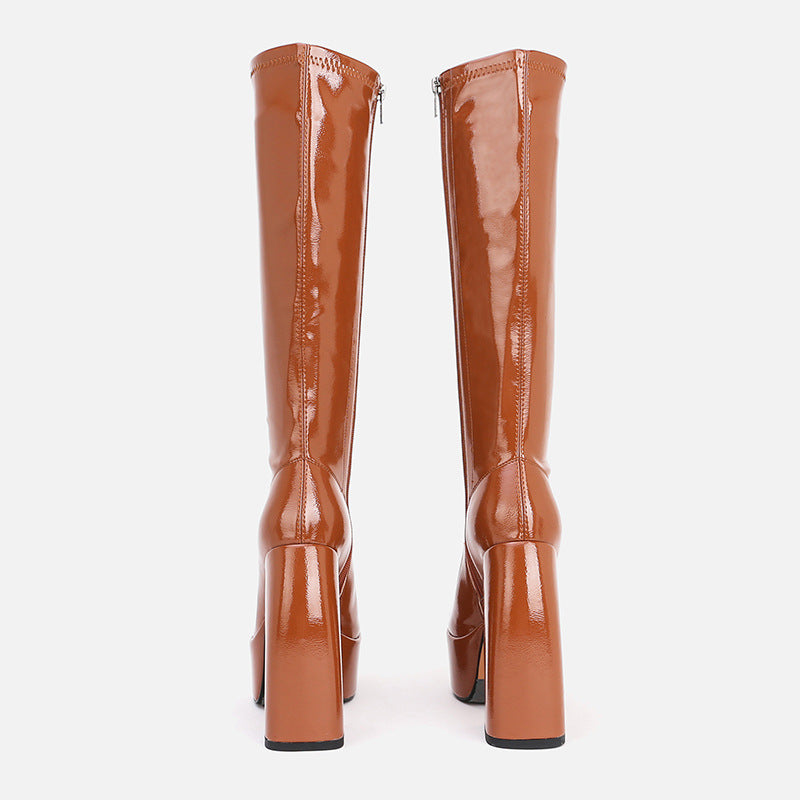 Tall Chunky Heel Round Toe Platform Stretch Boots Above Knee - Fashioinista