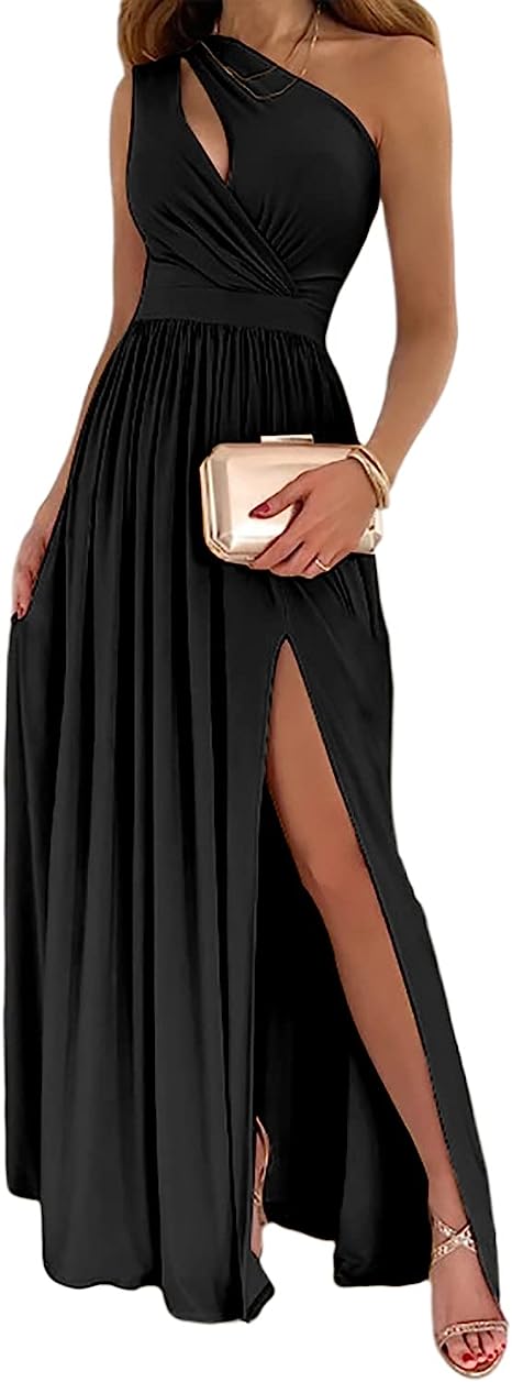 Women's One Shoulder High Split Cutout Sleeveless Elegant Sexy Cocktail Maxi Dress - Fashioinista