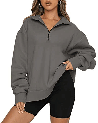 Women Sweatshirts Zip Turndown Collar Loose Casual Tops Clothes - Fashioinista