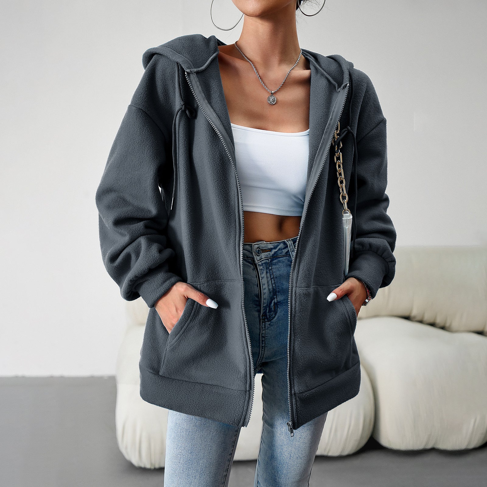 Casual Fashion Hooded Cardigan Jacket With Pockets Winter And Autumn Loose Sports Coat Women Solid Outwear Clothing - Fashioinista