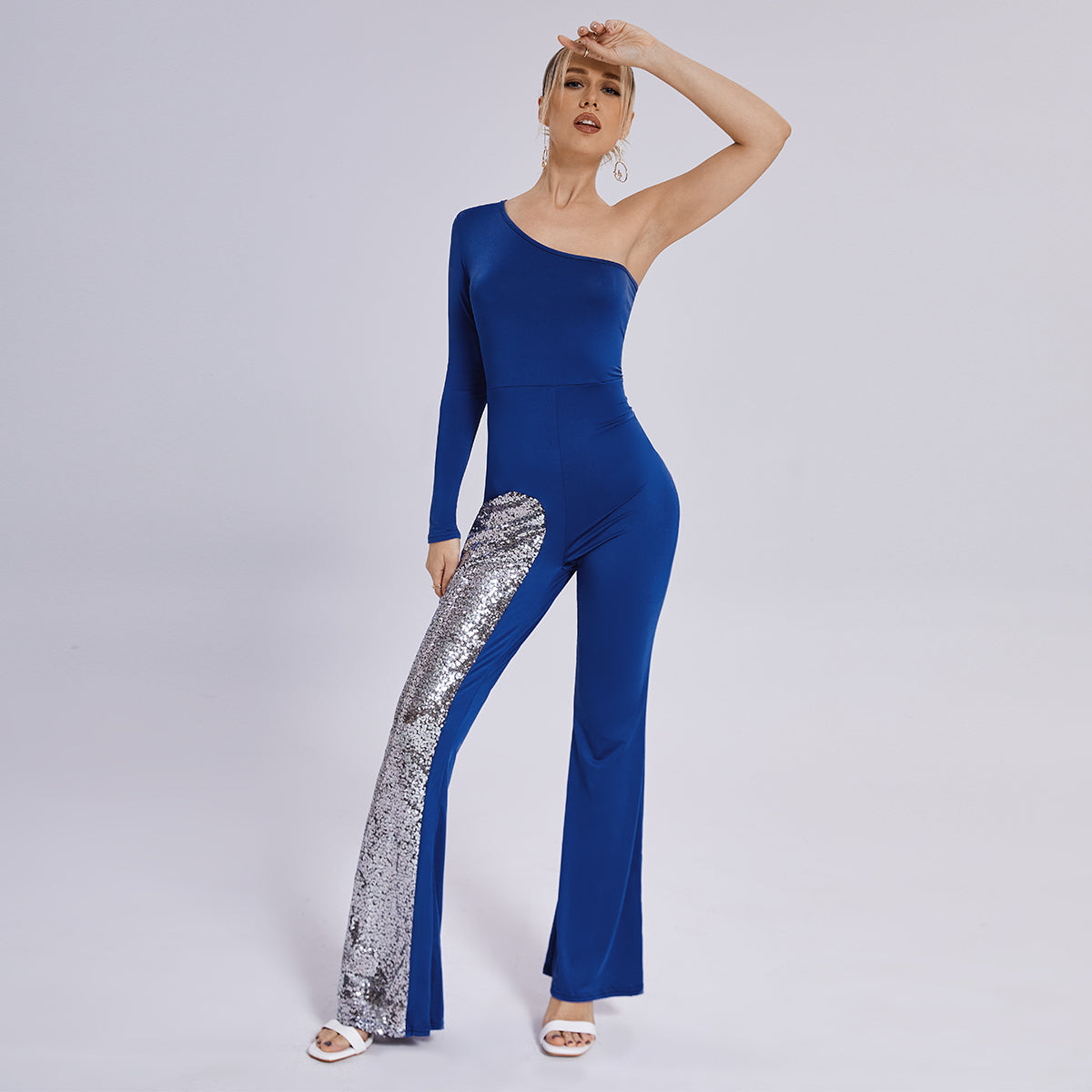 Leg Jumpsuit Mesh One Sleeve Flared - Fashioinista