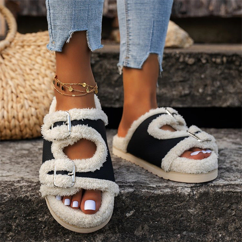 Autumn Winter Slipper Thick Sole Buckle Lamb Swool Slippers For Women Outdoor Gardern Indoor Lazy Plush Shoes - Fashioinista