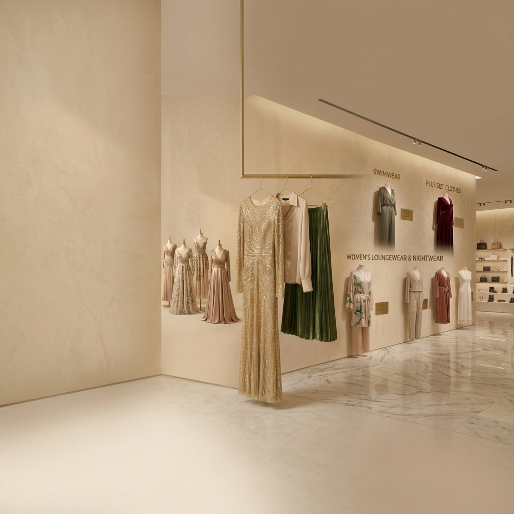 Women's clothing on rails in a calm, light boutique interior