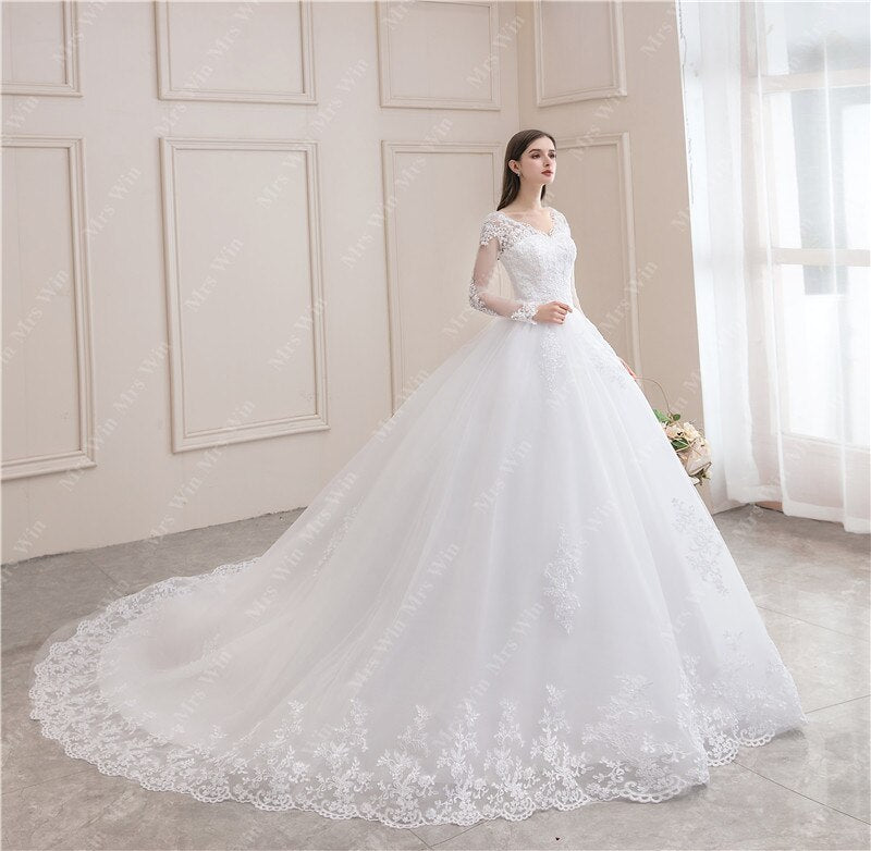 Luxury V-Neck Wedding Dress with Full Sleeves - Fashioinista