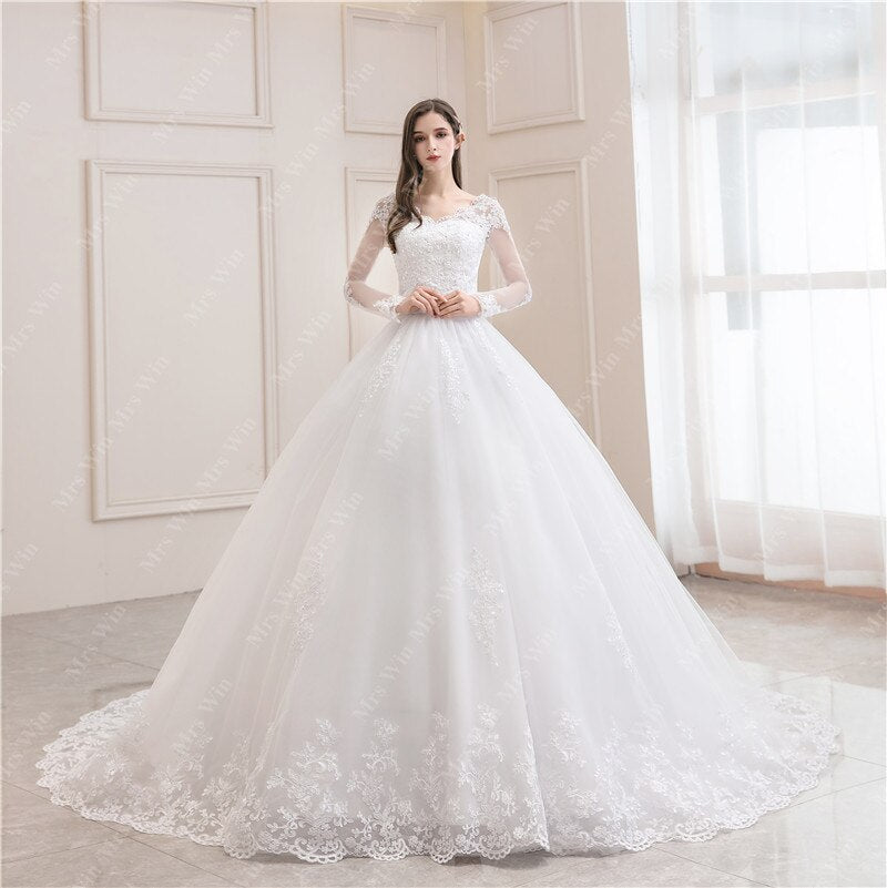 Luxury V-Neck Wedding Dress with Full Sleeves - Fashioinista