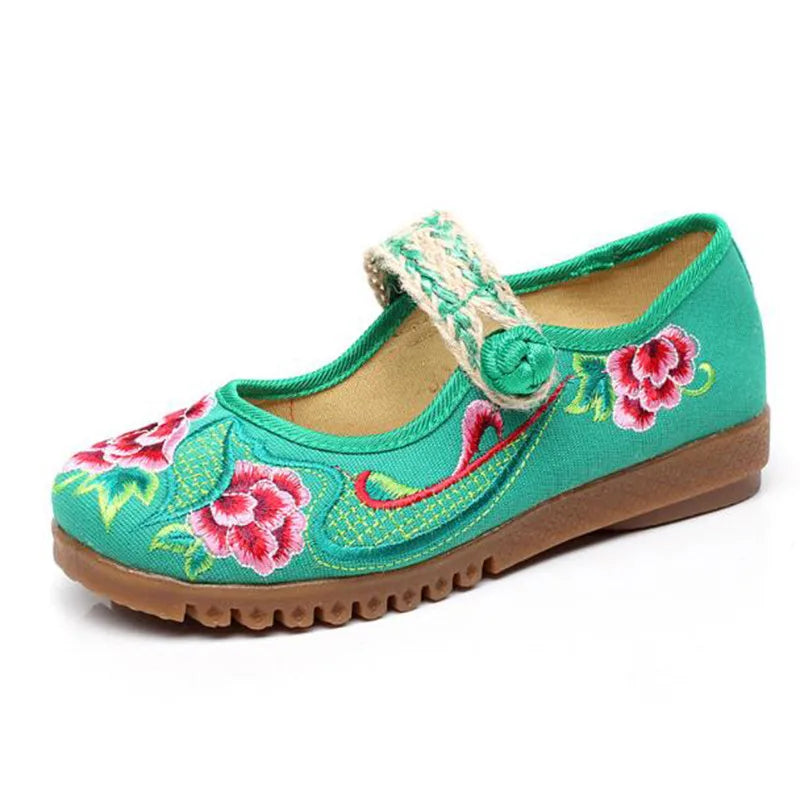 Embroidered Canvas Mary Janes - mary jane flats in green