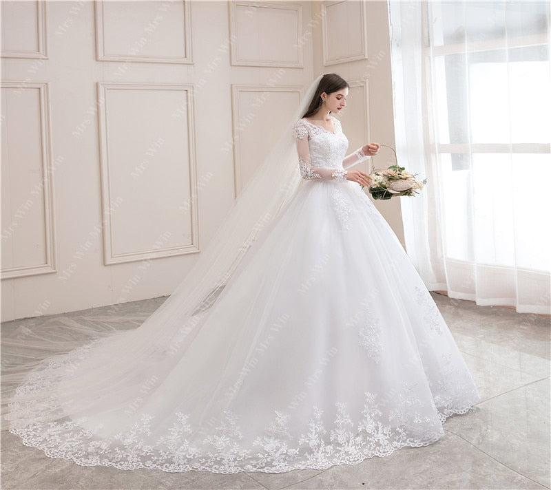 Luxury V-Neck Wedding Dress with Full Sleeves - Fashioinista