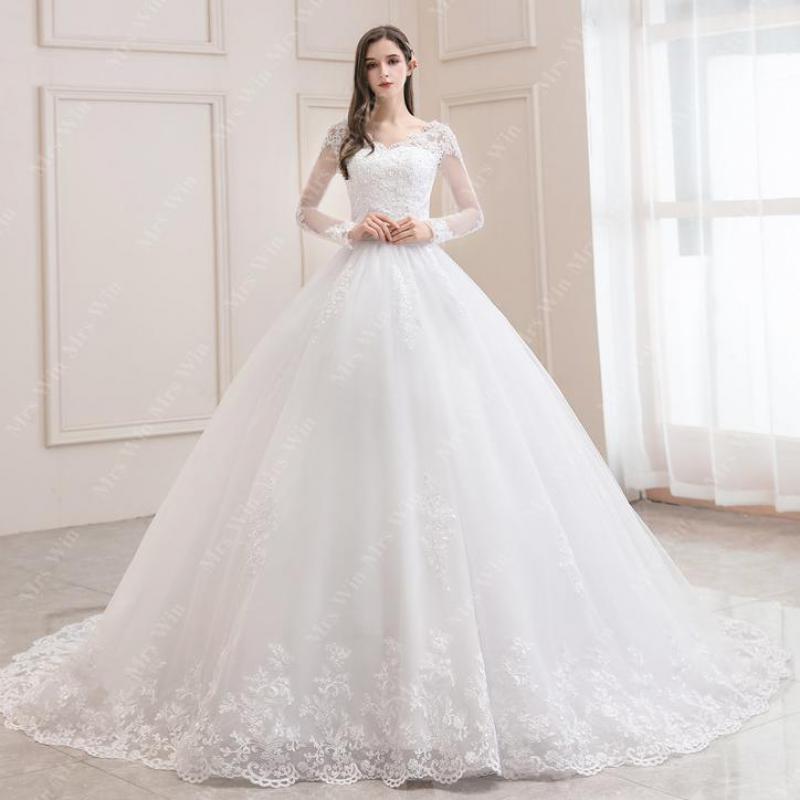 Luxury V-Neck Wedding Dress with Full Sleeves - Fashioinista