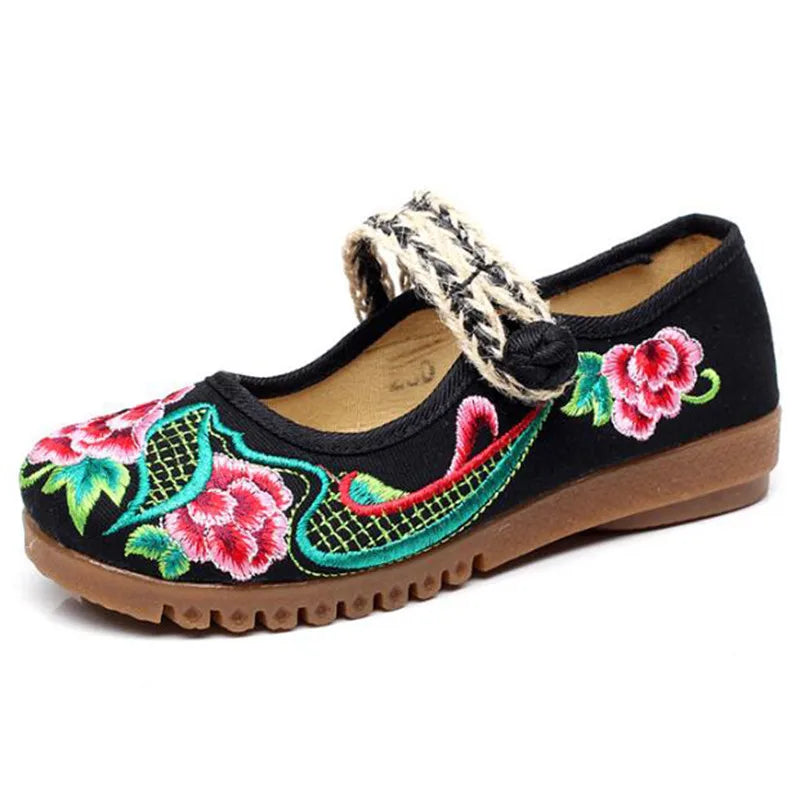 Embroidered Canvas Mary Janes - mary jane flats in black