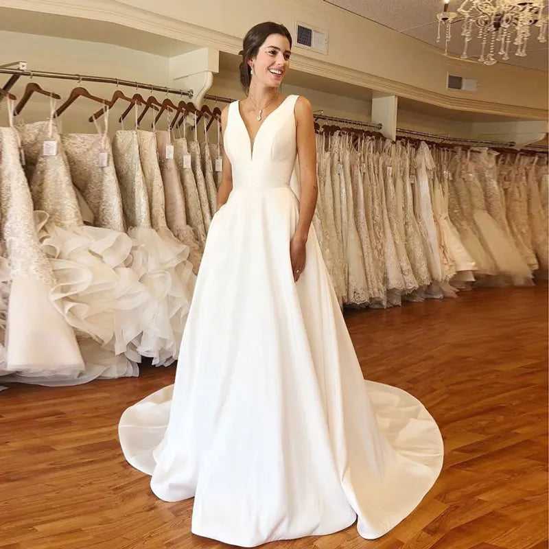 Autumn vestidos novias boda Wedding Dresses Satin Bridal Gowns sheer robe hochzeitskleid bestidos para bodas sexy ivory - Fashioinista