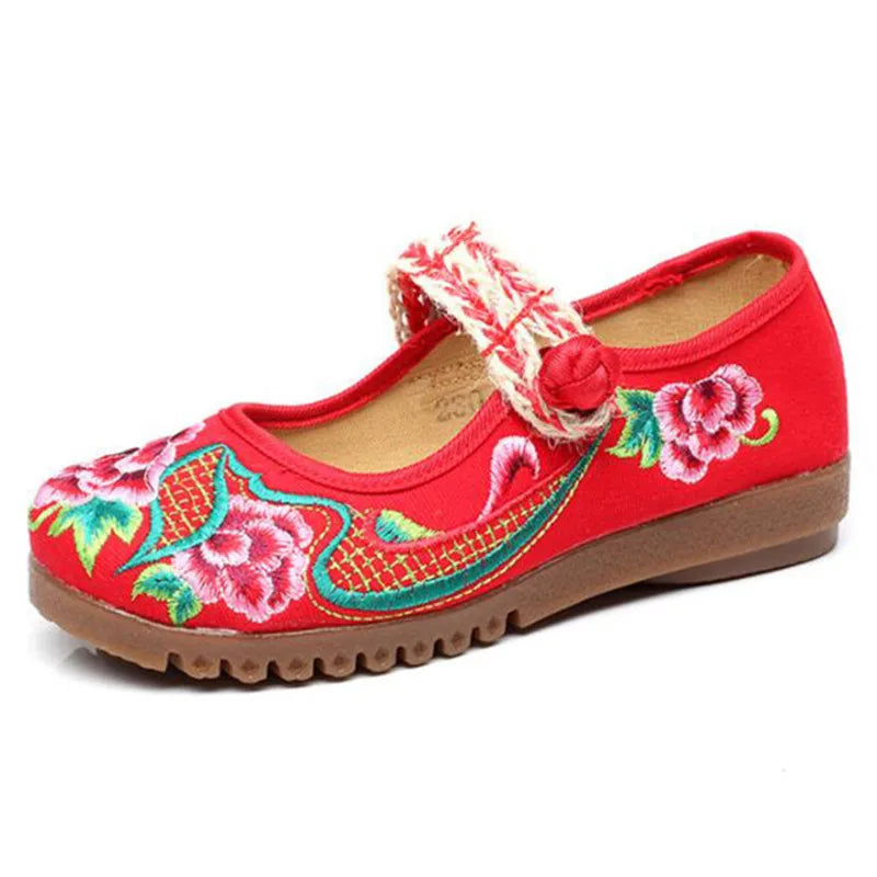 Embroidered Canvas Mary Janes - mary jane flats in red