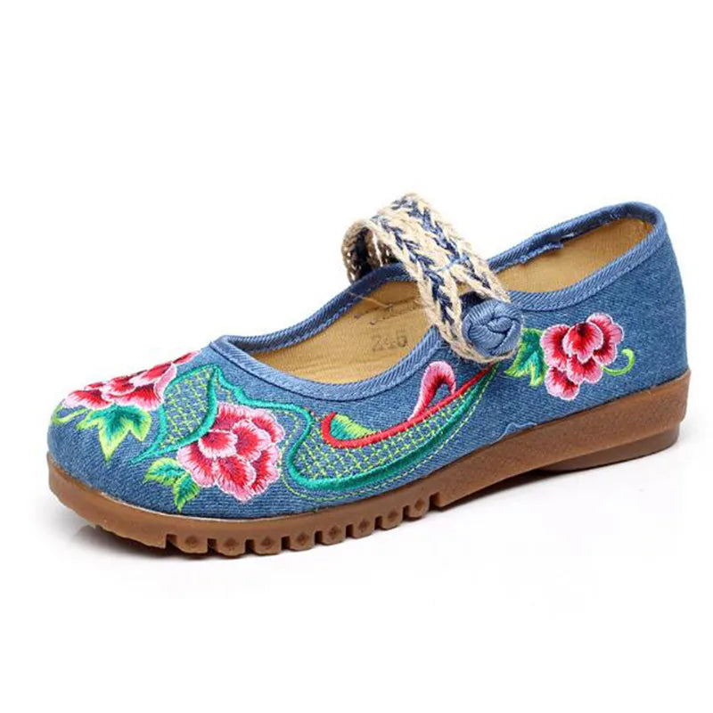 Embroidered Canvas Mary Janes - mary jane flats in blue