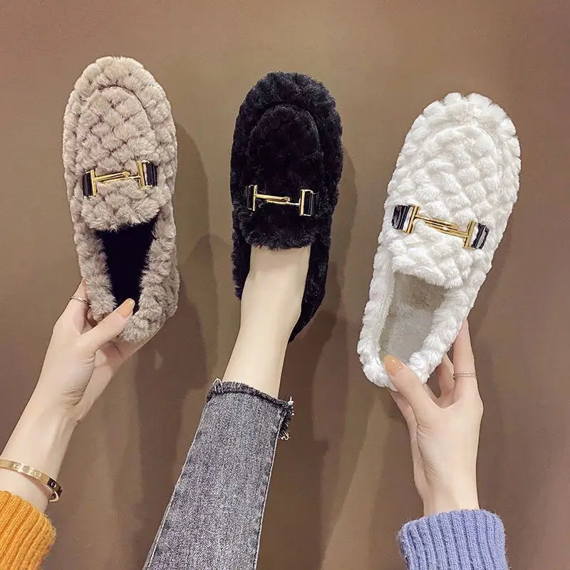 Lefu Shoes Plush Shoes Women Wear 2021 New Plush Warm Chain Anti-skid Flat Bottom Net Red Home Cotton Shoes In Autumn and Winter - Fashioinista