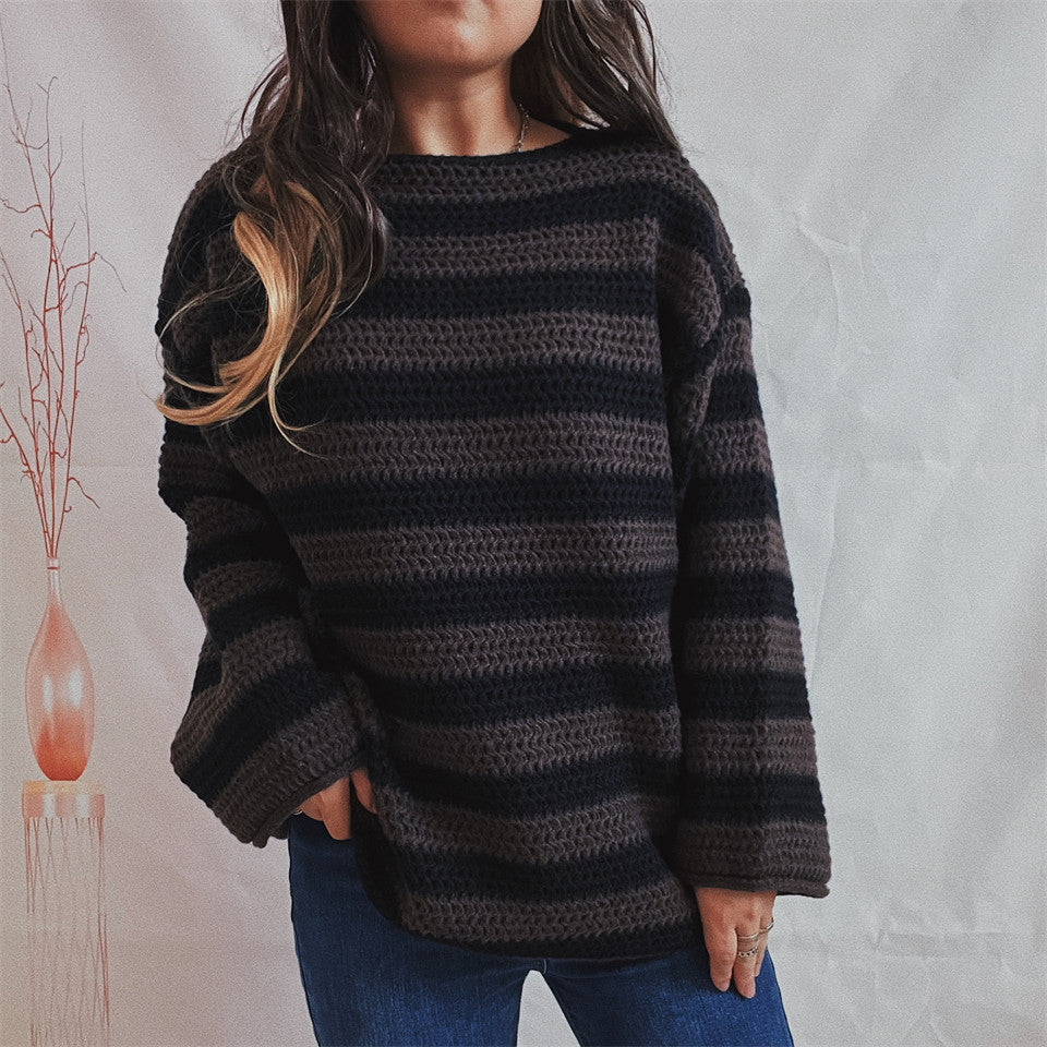 Women's Loose Off Shoulder Striped Long-sleeved Sweater - Fashioinista