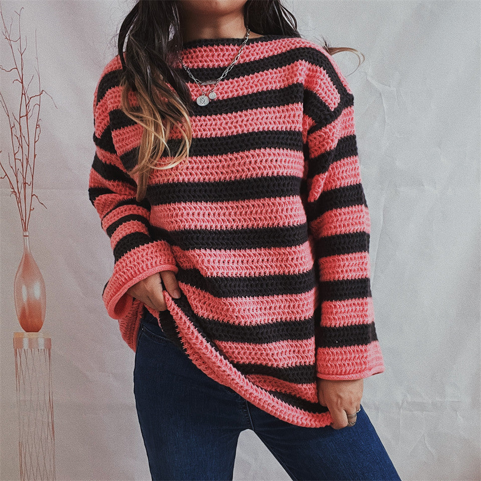 Women's Loose Off Shoulder Striped Long-sleeved Sweater - Fashioinista