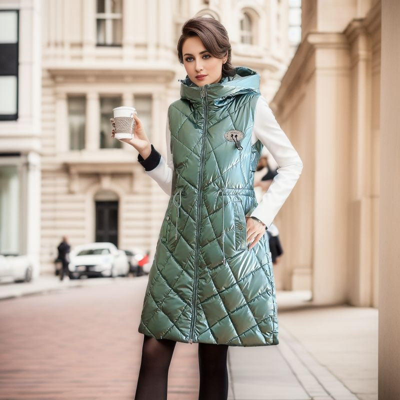 Women's Glossy Cotton-padded Jacket Vest Mid-length - Fashioinista