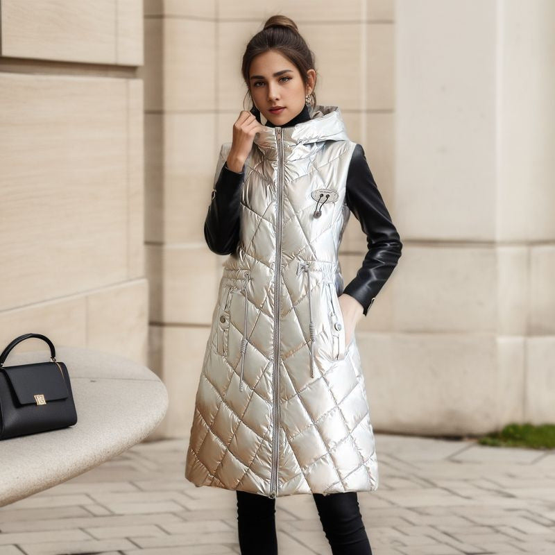 Women's Glossy Cotton-padded Jacket Vest Mid-length - Fashioinista