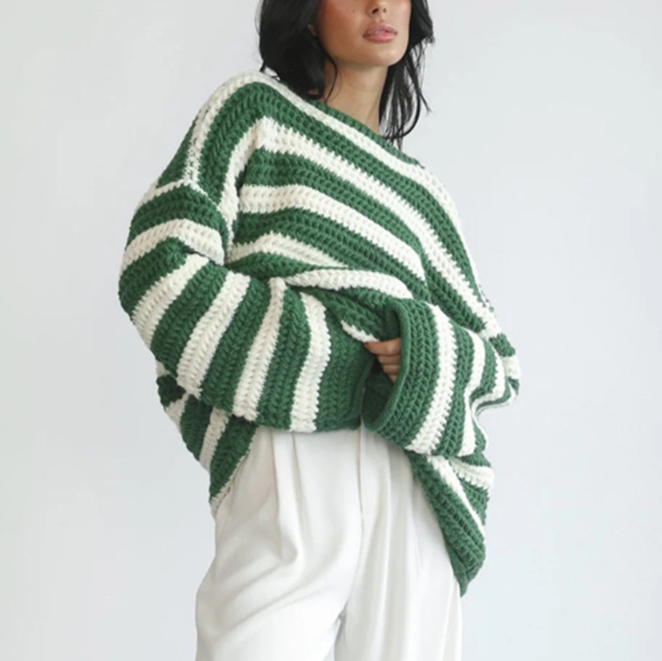 Women's Loose Off Shoulder Striped Long-sleeved Sweater - Fashioinista