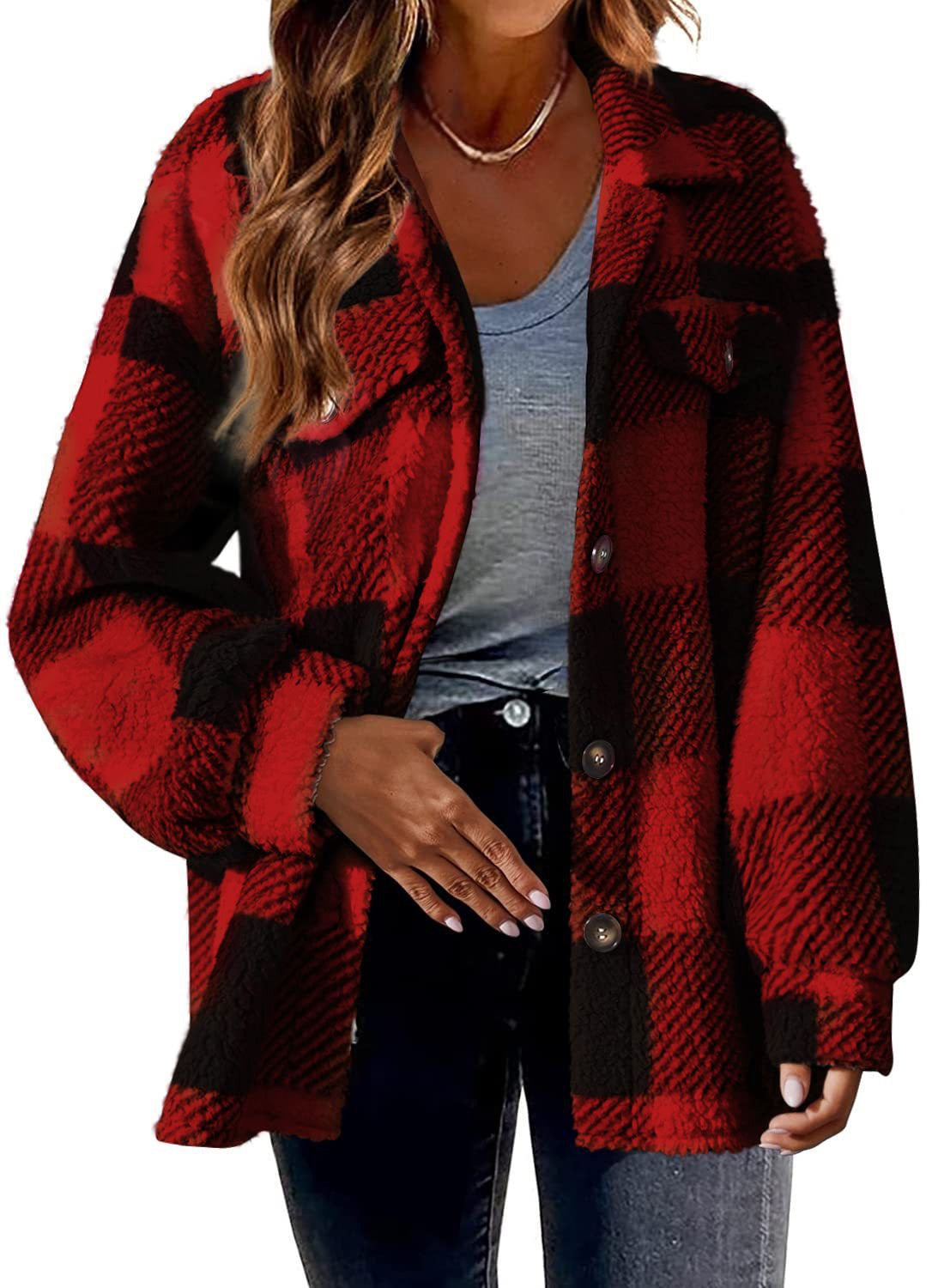 Turndown Collar Plaid Jacket With Pockets Single Breasted Button Down Woolen Jacket Autumn And Winter Clothes For Women - Fashioinista