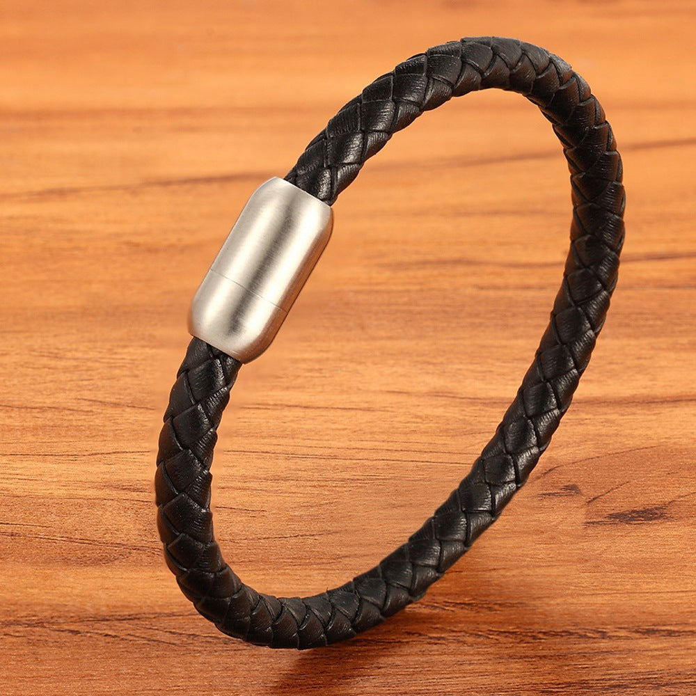Men's Stainless Steel Genuine Leather Rope Braided Bracelet