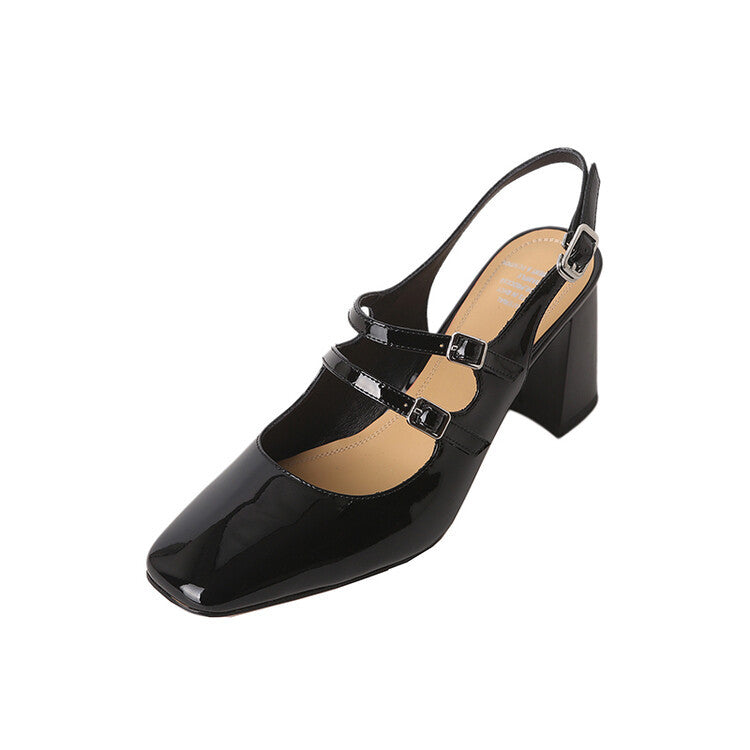 Leather Chunky Heel Buckle Back Open Shoes - Fashioinista