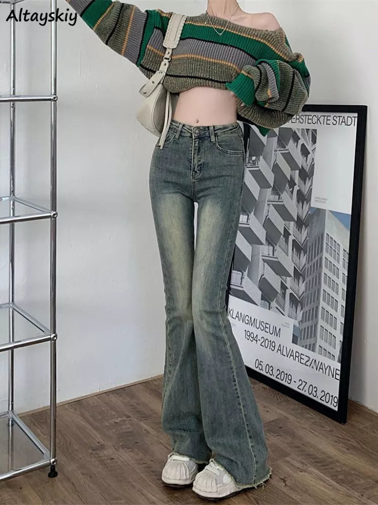 Flare Jeans Women Skinny High Waist Aesthetic Y2k Clothes Denim Trousers Vintage Washed Retro Mopping Korean Fashion Street New - Fashioinista