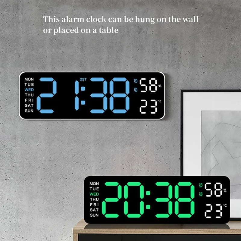 9 inch digital LED wall clock showing time temperature and humidity - view 3