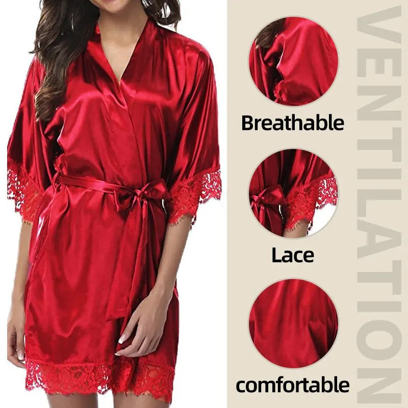 Women Ice Silk Pajamas Robes Sleepwear Nightgowns Nightdress Red Black L XL Lace Smooth Soft Comfortable Casual Pure Color - Fashioinista