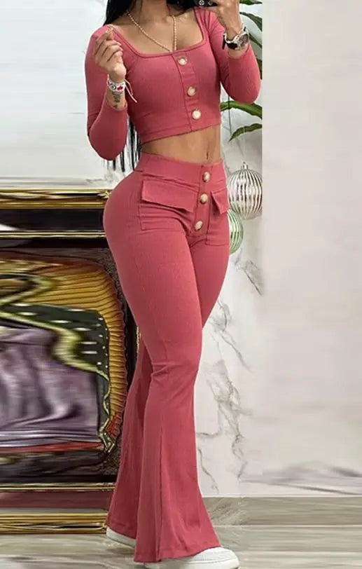 Two Piece Set Women Outfit 2023 Summer Fashion Square Neck Long Sleeve Buttoned Top & Pocket Design High Waist Flared Pants Set - Fashioinista