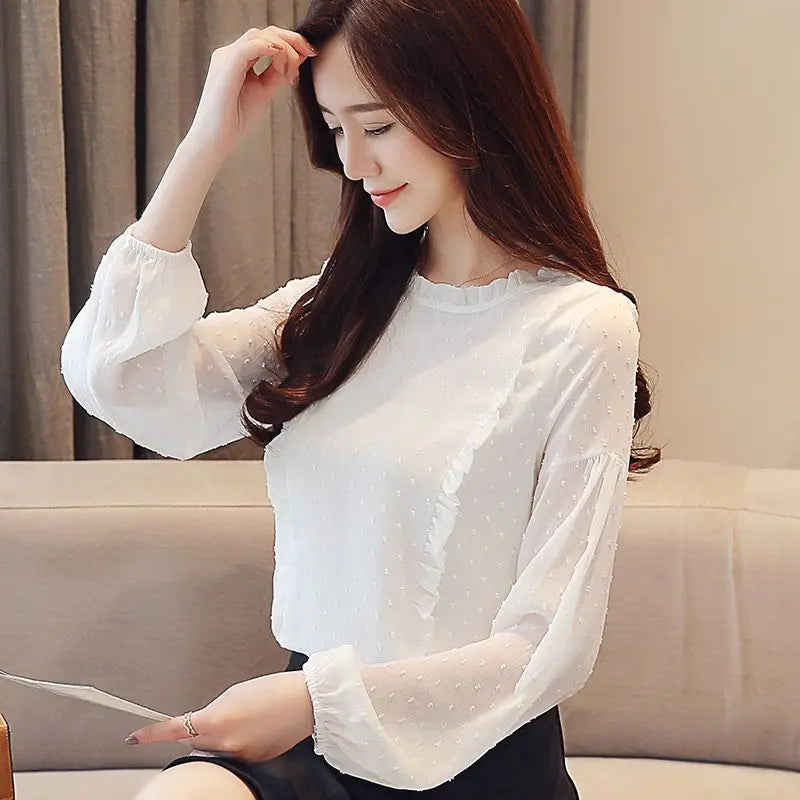 Elegant Solid Color Spliced Ruffles Chiffon Blouse Women's Clothing 2023 Spring New Casual Pullovers Sweet Lantern Sleeve Shirt - Fashioinista