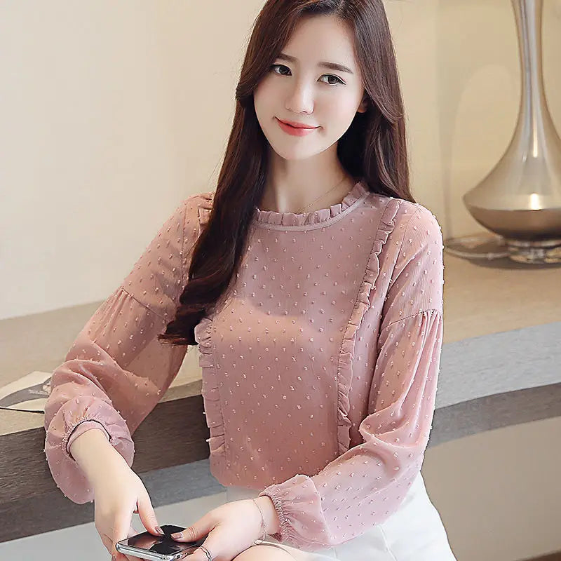 Elegant Solid Color Spliced Ruffles Chiffon Blouse Women's Clothing 2023 Spring New Casual Pullovers Sweet Lantern Sleeve Shirt - Fashioinista