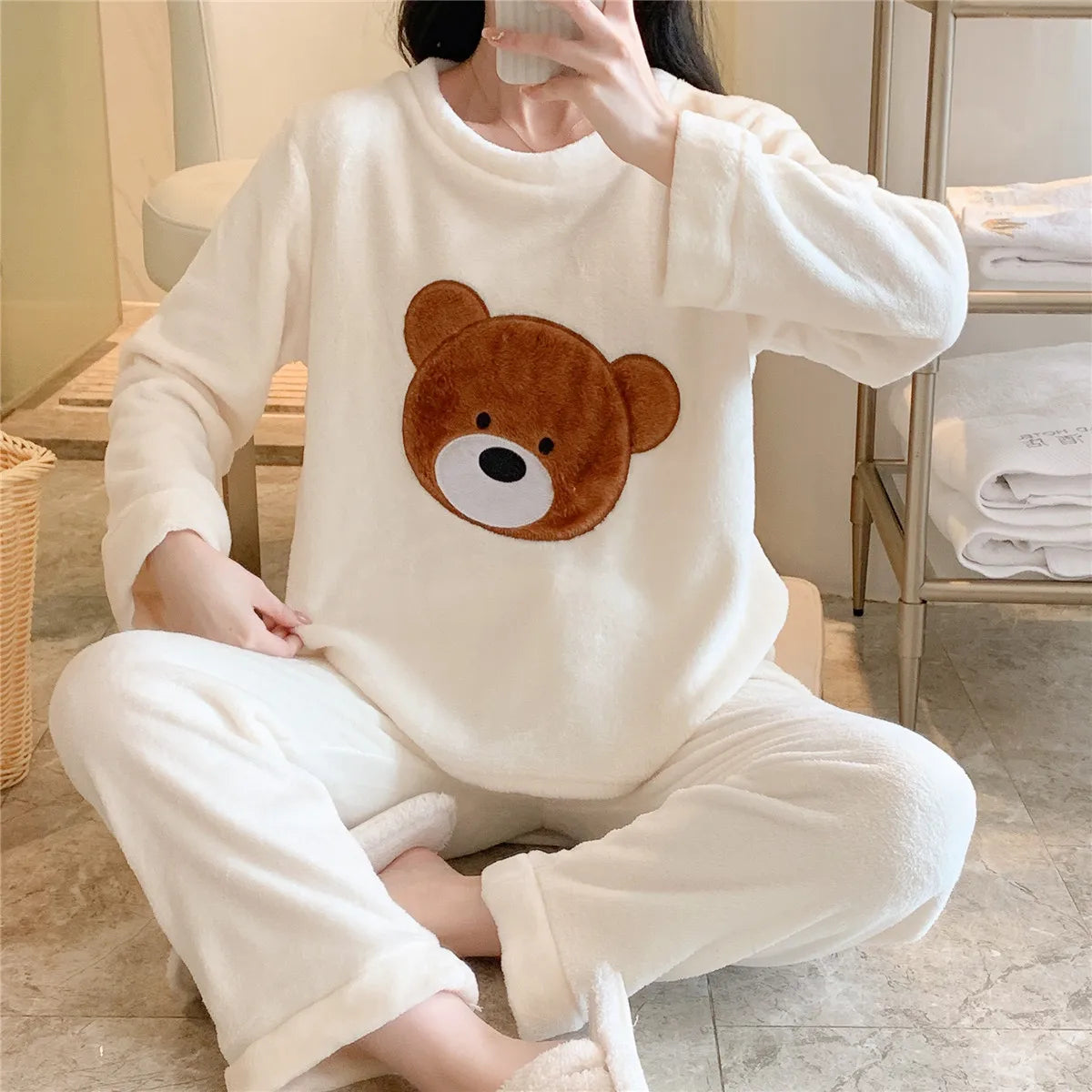Flannel Pajama Set Women - flannel pajama set in beige - view 3