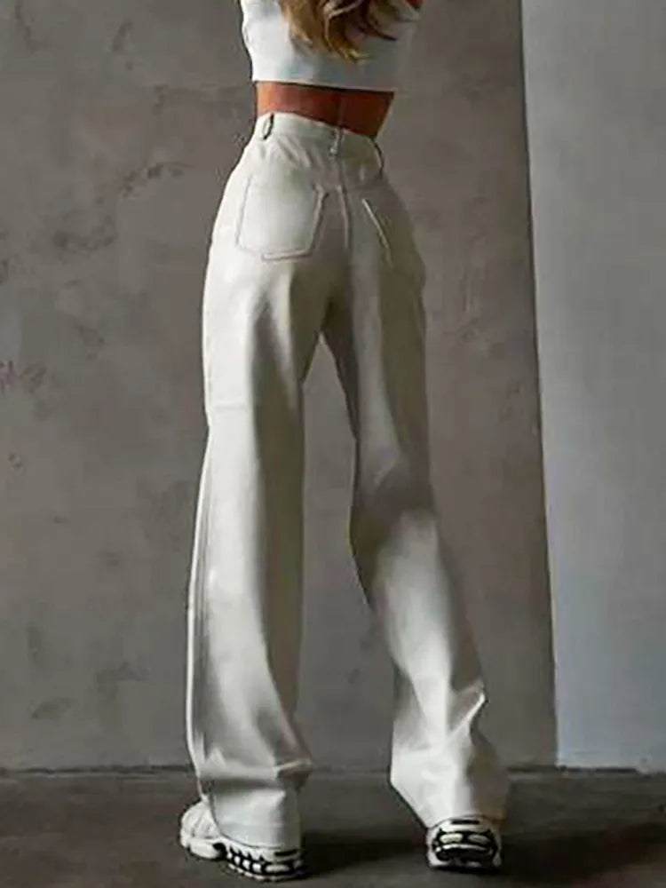 Cryptographic Fashion White PU Leather High Rise Pants Streetwear Casual Button Up Straight Leg Pants for Women Trousers Pants - Fashioinista