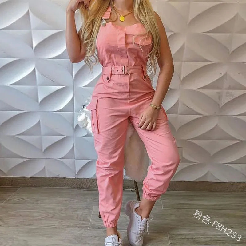 Women's Clothes Female Fashion Sleeveless Cargo Jumpsuit High Waist Street Trend Women Simple Long Jumpsuits - Fashioinista