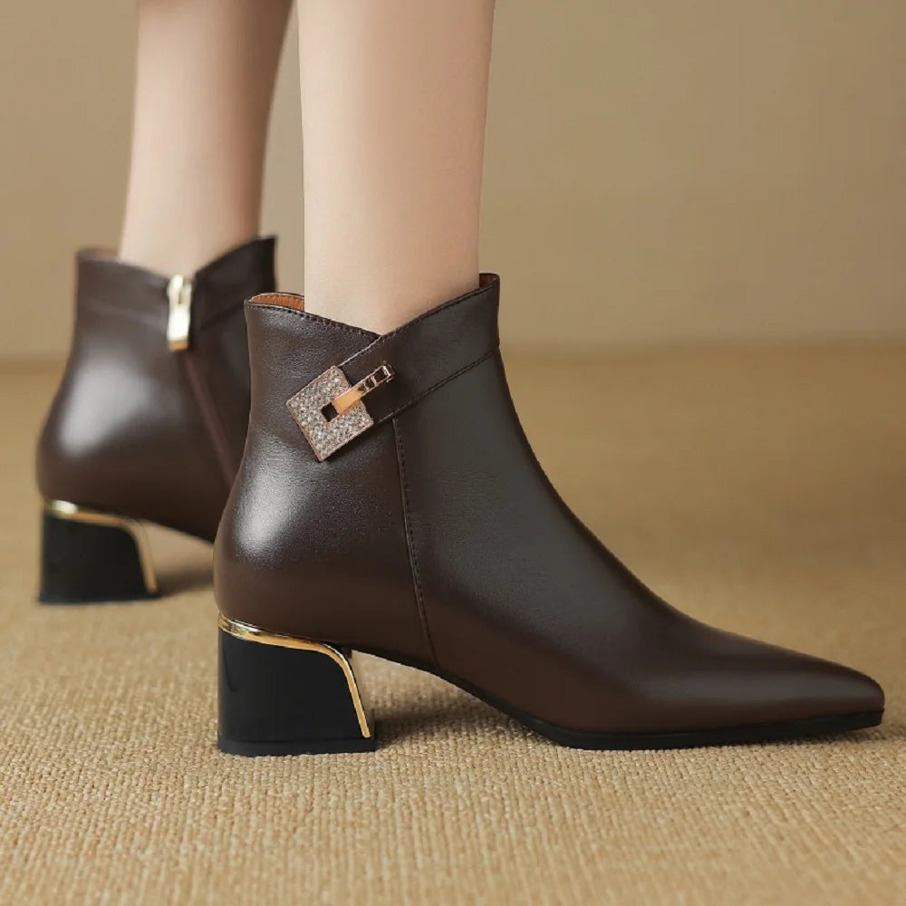 Genuine Leather Mid Heel Boots