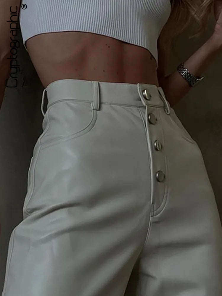 Cryptographic Fashion White PU Leather High Rise Pants Streetwear Casual Button Up Straight Leg Pants for Women Trousers Pants - Fashioinista
