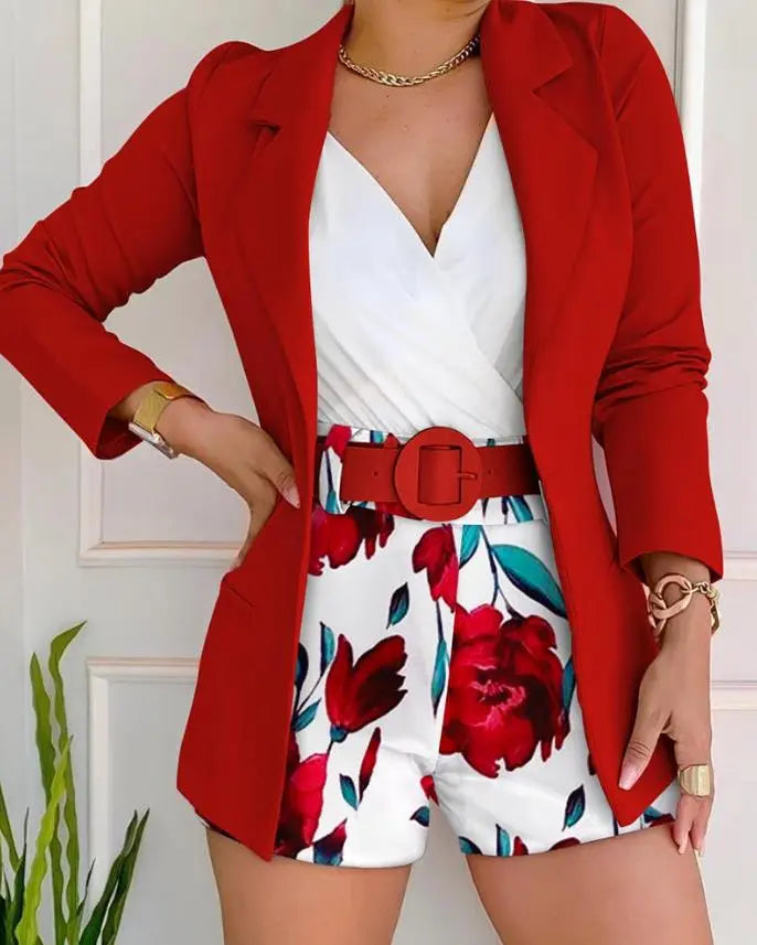 Long Sleeve Blazer &amp; Floral Print Shorts Set with Belt Women Casual New Fashion 2023 Female Clothing Outfits Suit - Fashioinista