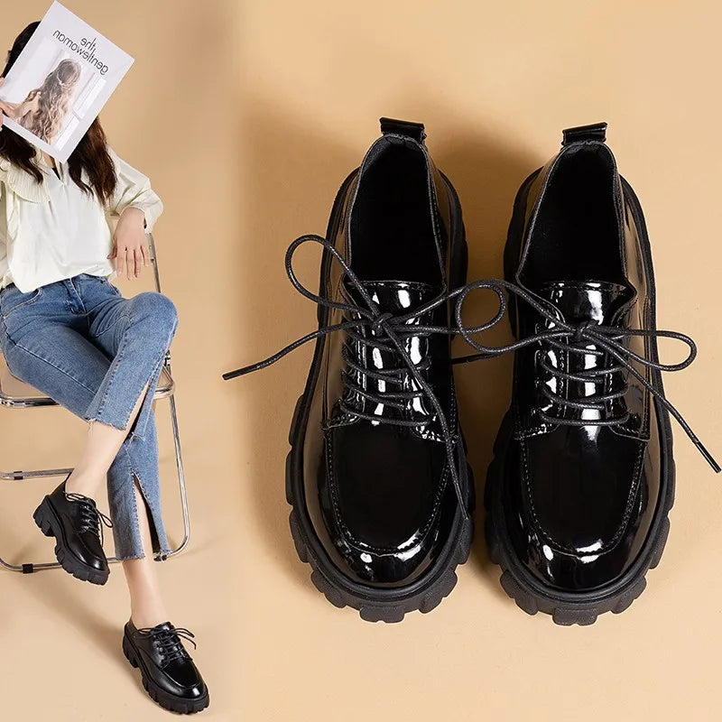 Leather Platform Oxford Shoes Woman Spring Autumn Lace Up Black Flats for Women Classic Thick Bottom Student Shoes - Fashioinista