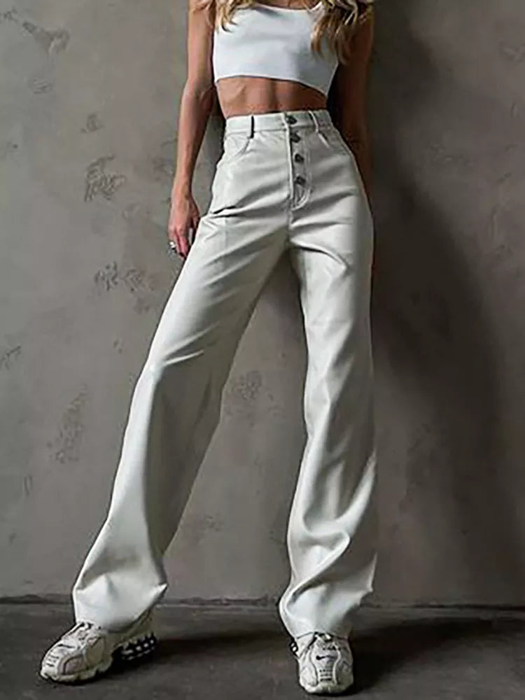 Cryptographic Fashion White PU Leather High Rise Pants Streetwear Casual Button Up Straight Leg Pants for Women Trousers Pants - Fashioinista