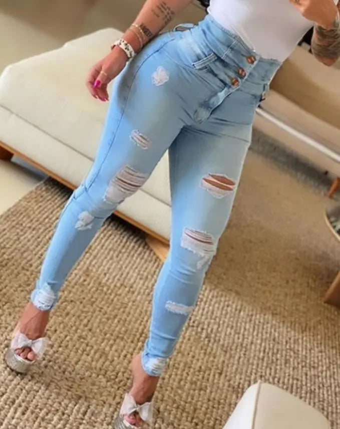 Trendy High Waist Buttoned Cutout Jeans - Fashioinista