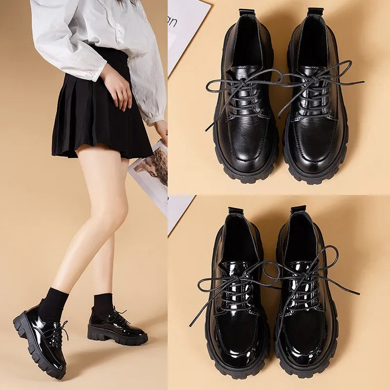 Leather Platform Oxford Shoes Woman Spring Autumn Lace Up Black Flats for Women Classic Thick Bottom Student Shoes - Fashioinista