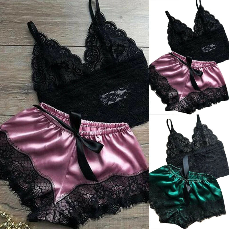 Two piece lace babydoll cami top and shorts sleep set - view 3