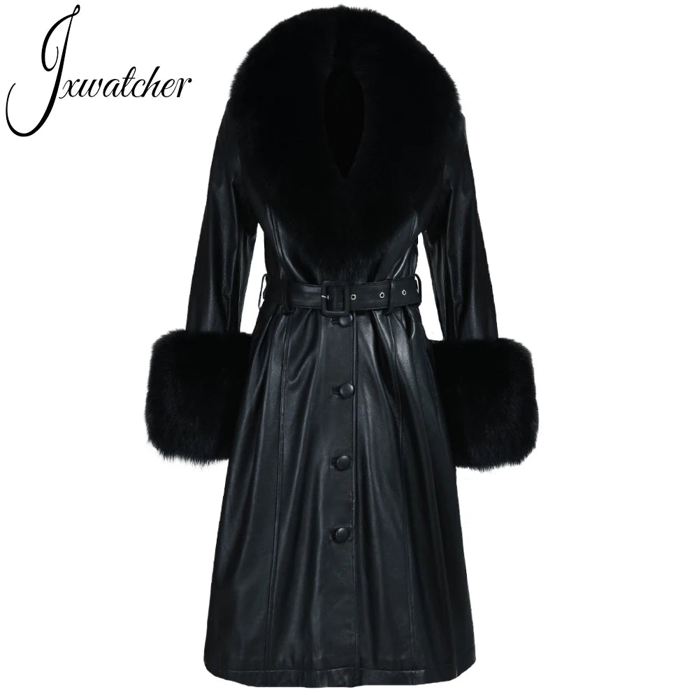 Stylish Women's Genuine Leather Trench Coat - Winter Ready