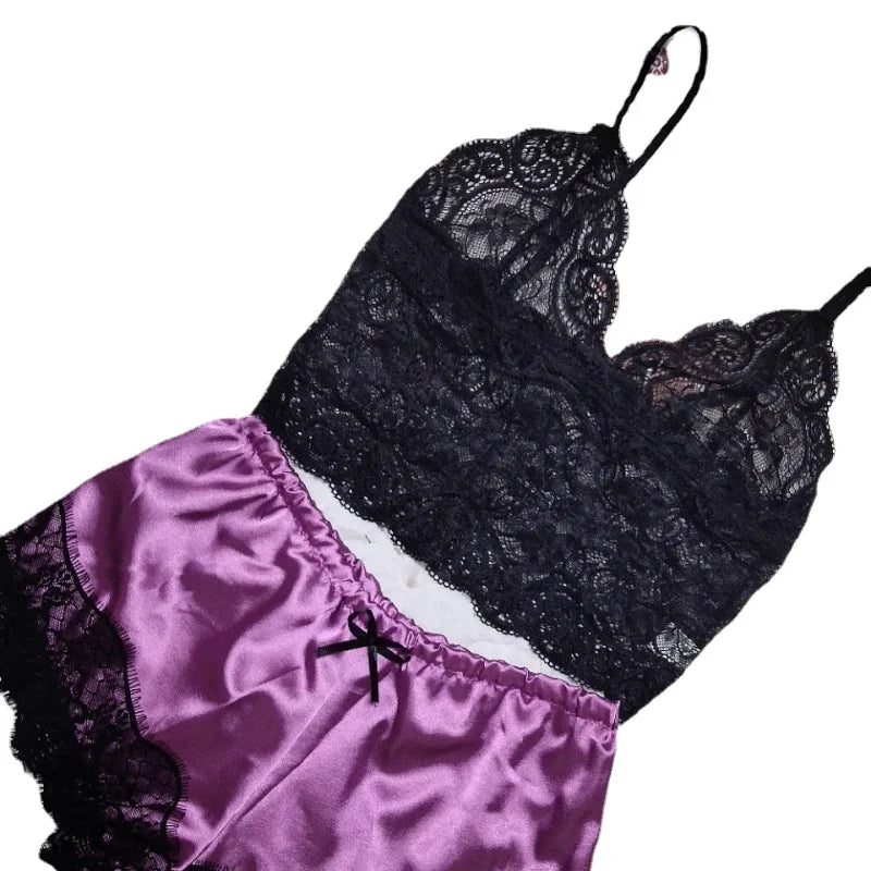 Lace Silk Sleepwear for Women Pajamas Set Sexy Lingerie Crop Tops Shorts Babydoll Nightwear S/M/L/XL/2XL/3XL 4XL 5XL - Fashioinista