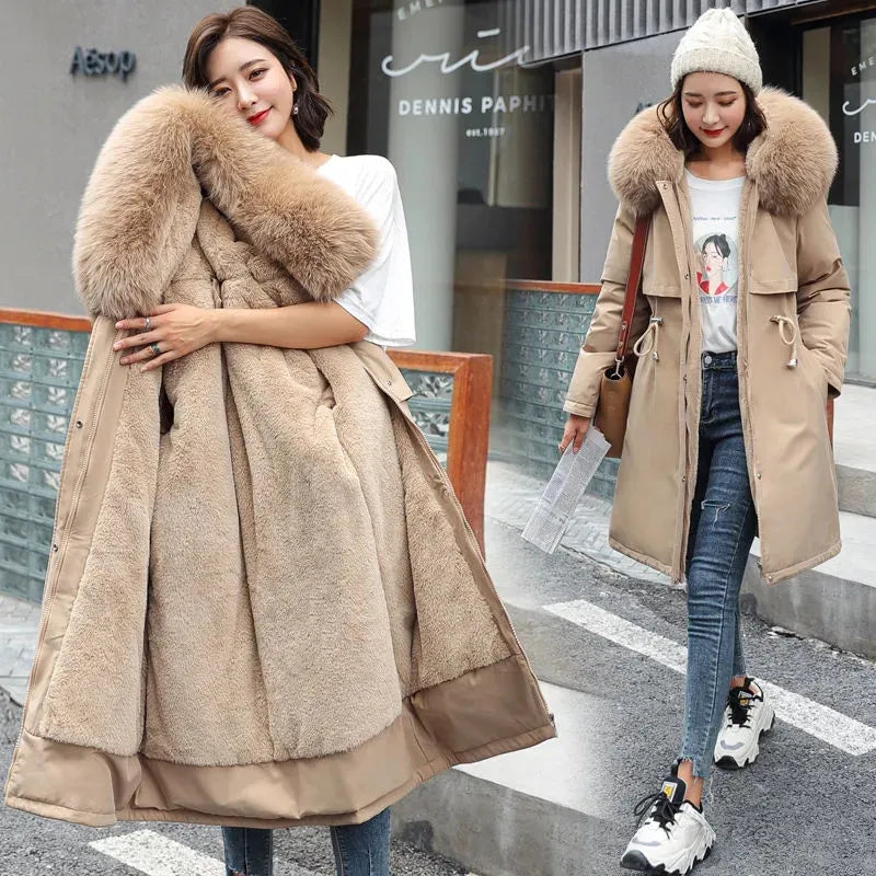 Winter Jacket 2023 New Women Parka Clothes Long Coat Wool Liner Hooded Jacket Fur Collar Thick Warm Snow Wear Padded Parka - Fashioinista