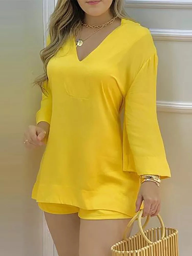 Bell sleeve V neck top and shorts two piece set - view 1