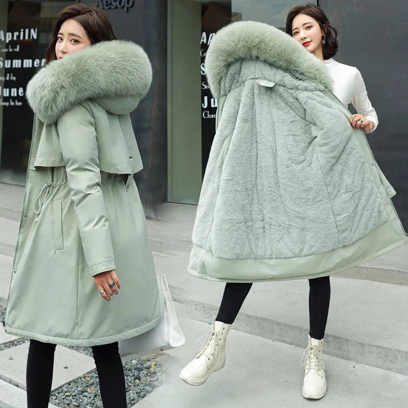 Winter Jacket 2023 New Women Parka Clothes Long Coat Wool Liner Hooded Jacket Fur Collar Thick Warm Snow Wear Padded Parka - Fashioinista